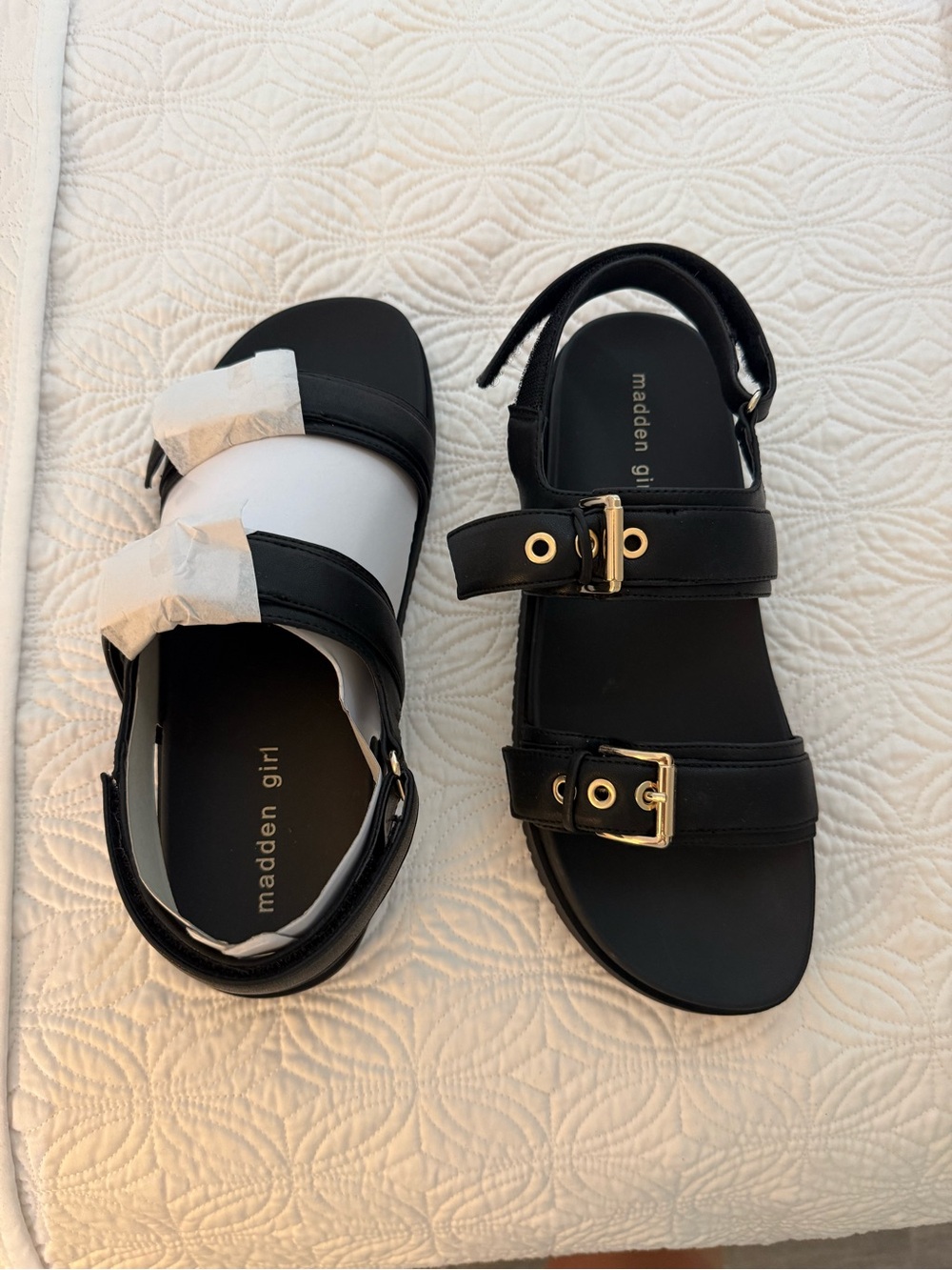 SPRINT Madden Girl Black Sandals with Gold Buckles